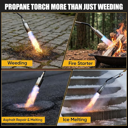 Propane Torch Weed Burner Heavy Duty-340,000 BTU Weed Torch with 2 Extension Modes, Piezo Trigger(Self Igniting)&12.5ft Hose, Multi-Fuel Compatible(1lb-100lb) for Weeds, Ice Melting, Roofing