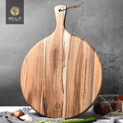 BILL.F Acacia Wood Pizza Peel,10" Cutting Board, Cheese Paddle Board, Bread and Crackers Platter for Serving and Minor Food Prepare with Handle - 14x 10 x 0.5 Inch