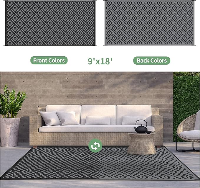 GENIMO Outdoor Rug, Waterproof Plastic Rugs 9'x18' for Camping Black Grey | Outside Larger Modern Carpet Mat for Patio Decor, RV, Porch, Camper, Deck, Picnic, Beach, Backyard, Reversible, Foldable
