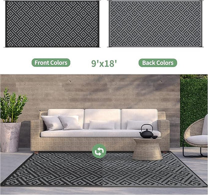 GENIMO Outdoor Rug, Waterproof Plastic Rugs 9'x18' for Camping Black Grey | Outside Larger Modern Carpet Mat for Patio Decor, RV, Porch, Camper, Deck, Picnic, Beach, Backyard, Reversible, Foldable