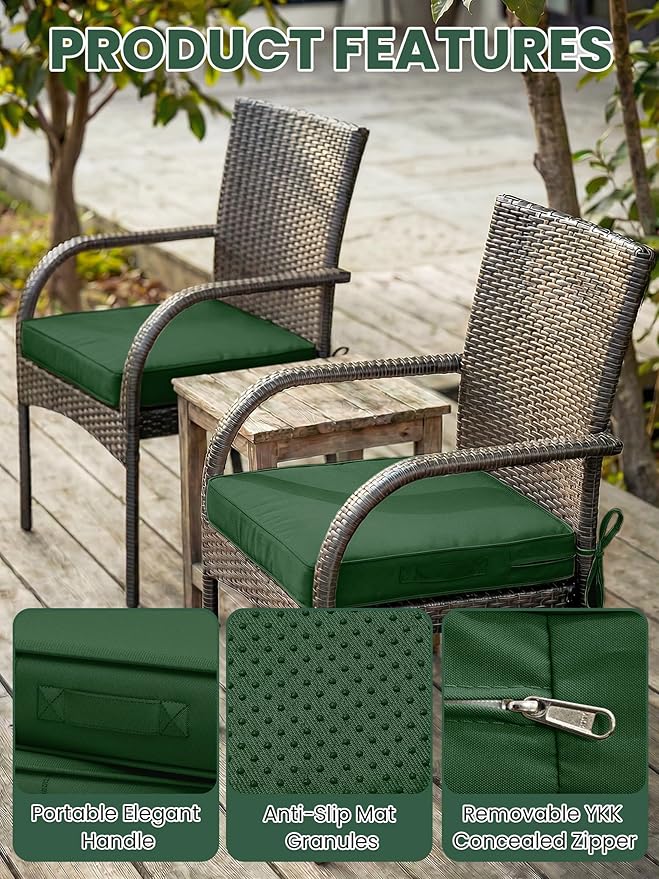 Outdoor Chair Cushion 17 x 16 x 3 Inches Patio Furniture Outdoor Waterproof Seat Cushion, Patio Chair Cushion with Handles and Ties, Square Dining Chair Cushion Set of 2, Green