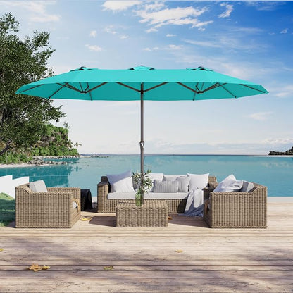 PatioKingdom 15FT Large Patio Umbrella with Base, Double Sided Rectangular Outdoor Umbrella with Sturdy Fiberglass Ribs, Market Umbrella for Pool,Garden,Backyard,Deck (Peacock Blue, 15FT)