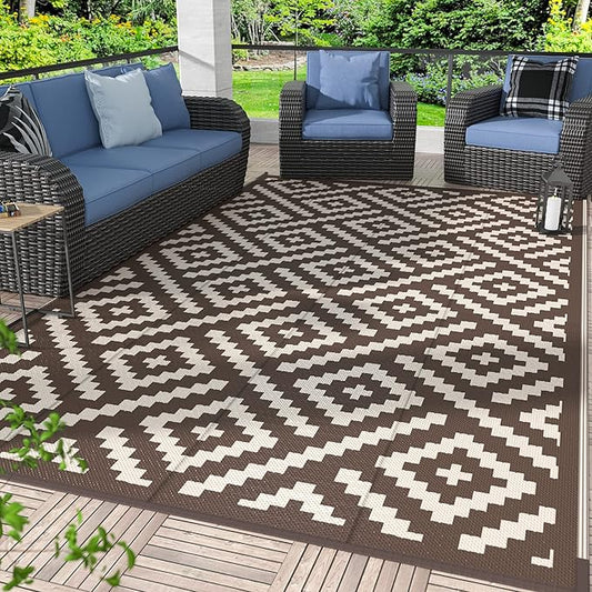 GENIMO Outdoor Rug, Waterproof Plastic Rugs for Patio, 6'x9' Coffee Beige | Outside Larger Modern Carpet Mat for Porch Decor, Deck, Balcony, Camping, RV, Backyard, Picnic, Beach, Reversible, Foldable