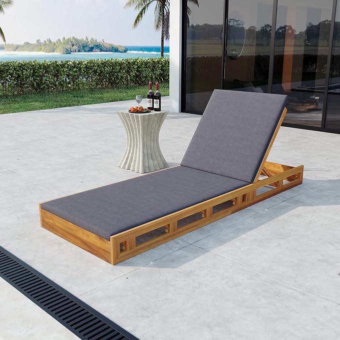 Merax Patio Chaise Lounge with Adjustable Backrest & Cushion, Acacia Wood Recliner Chair with Teak Finish for Backyard Pool Garden