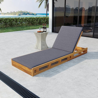Merax Patio Chaise Lounge with Adjustable Backrest & Cushion, Acacia Wood Recliner Chair with Teak Finish for Backyard Pool Garden