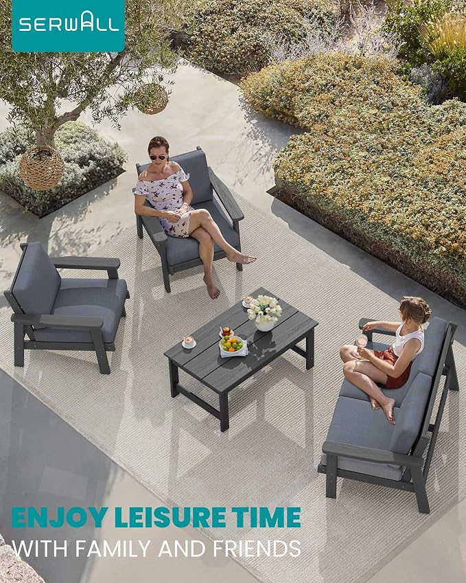 SERWALL Outdoor Patio Furniture Set, 5 Piece HDPE Patio Conversation Sets, All-Weather Wood-Like Outdoor Couch Loveseat and Coffee Table with Thick Cushions for Porch Balcony Garden Backyard