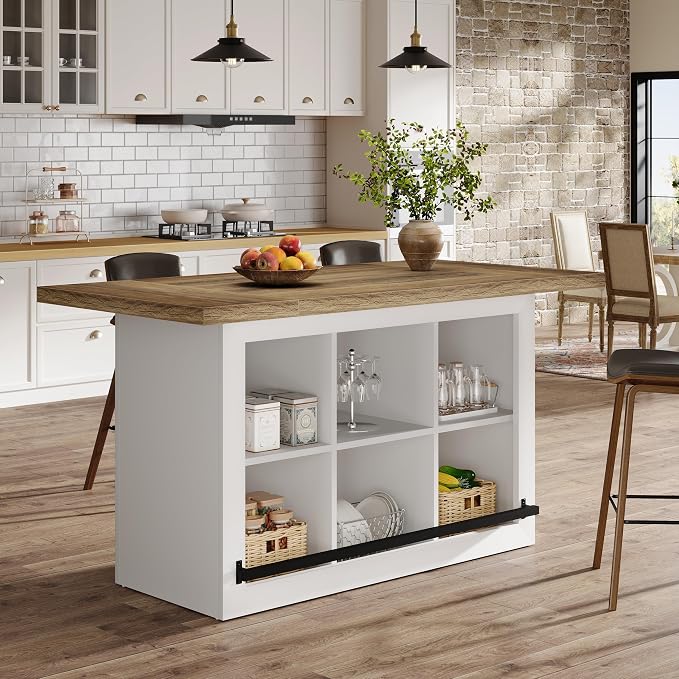 Tribesigns Kitchen Island with Storage, Farmhouse Island Bar, Brown&White | 62.6" Wooden Stationary Kitchen Storage Island Counter Height with 6 Open Cubbies and Footrests for Dining Room, Vintage