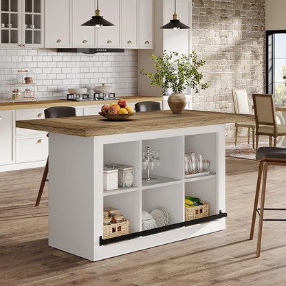 Tribesigns Kitchen Island with Storage, Farmhouse Island Bar, Brown&White | 62.6" Wooden Stationary Kitchen Storage Island Counter Height with 6 Open Cubbies and Footrests for Dining Room, Vintage