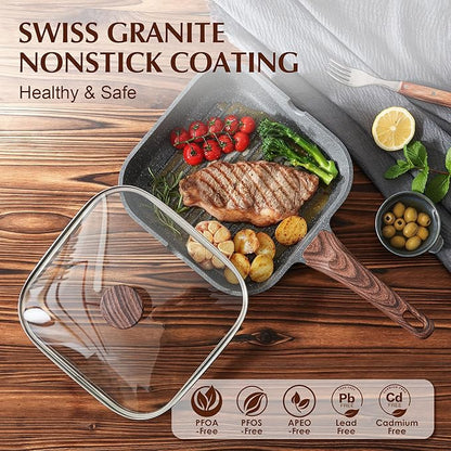 SENSARTE Nonstick Grill Pan with Lid, Grill Pan for Stove Tops, Versatile Griddle with Pour Spouts, Square Big Cooking Surface, Durable Skillet Indoor & Outdoor Grilling. PFOA Free, 12Inch