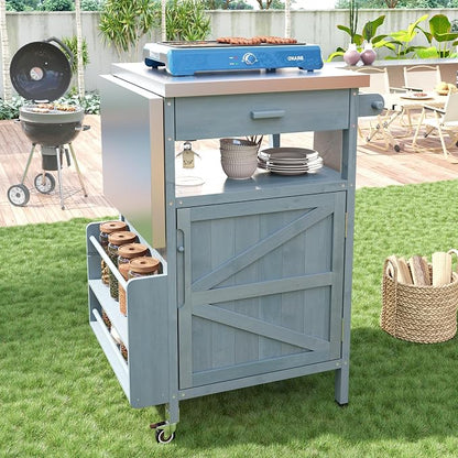 YOPTO 40.5" Outdoor Grill Cart,Stainless Steel Top,Fir Wood Cabinet,Drop Leaf,Lockable Wheels,Ample Storage,Towel Rack,Spice Rack,Bottle Opener,Blue Grey