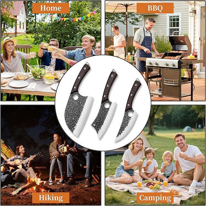 Plys Forged Butcher Knife Set: Comfortable Handle for Long Use - 3PCS Viking Kitchen Knives Set for Mens - Handmade Cooking Meat Cleaver for Cutting and Chopping