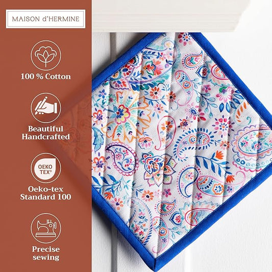 Maison d' Hermine Pot Holders 100% Cotton Heat Resistant Potholders 8" x 8" Hot Pads with Loop BBQ Cooking Baking Hotel Farmhouse Kitchen Handling Hot Pans Spring Summer (Pack of 2, Indian Floral)
