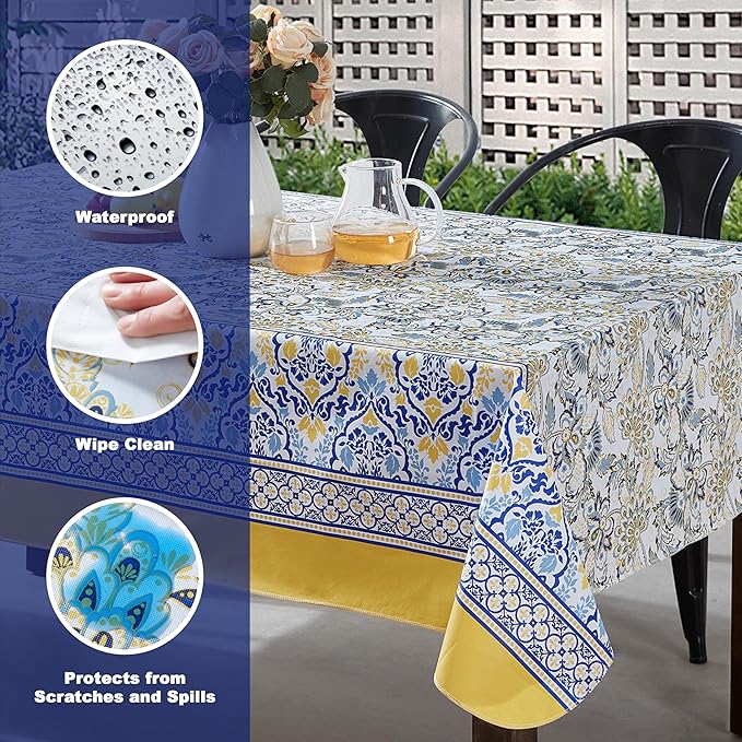 Home Bargains Plus Rectangle Vinyl Tablecloth with Flannel Backing, 60 x 84 Inch, Alluring French Country, Yellow and Blue Floral Vinyl Table Cover, Heavy Weight for Dining Party and Barbecues