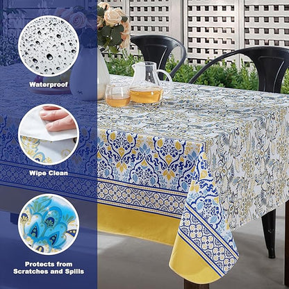 Home Bargains Plus Square Vinyl Tablecloth with Flannel Backing, 52 x 52 Inch, Alluring French Country, Yellow and Blue Floral Vinyl Table Cover, Heavy Weight for Dining Party and Barbecues