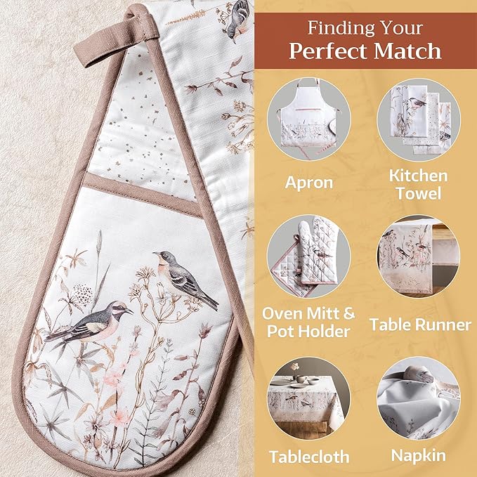 Maison d' Hermine Double Oven Mitts 100% Cotton 7"x35" Double Oven Mitt Heat Resistant BBQ Cooking Gloves with Loop Baking Grilling Kitchen Hotel Home Farmhouse Spring Summer (Meadow Florals - Brown)