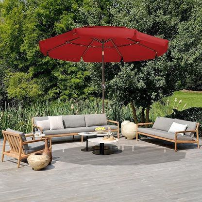 JEAREY 3 Tiers 9 FT Patio Umbrellas Outdoor Table Umbrella with Push Button Market Umbrella 8 Sturdy Ribs UV Protection Waterproof for Garden,Red