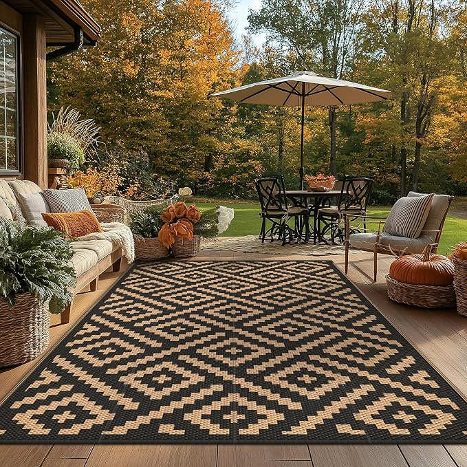 GENIMO Outdoor Rug, Waterproof Plastic Rugs for Patio, 8'x10' Black Brown | Outside Larger Modern Carpet Mat for Porch Decor, Deck, Balcony, Camping, RV, Backyard, Picnic, Beach, Reversible, Foldable