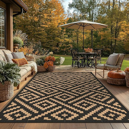 GENIMO Outdoor Rug, Waterproof Plastic Rugs 9'x12' for Camping Black Brown | Outside Larger Modern Carpet Mat for Porch Decor, Deck, Balcony, Camping, RV, Backyard, Picnic, Beach, Reversible, Foldable