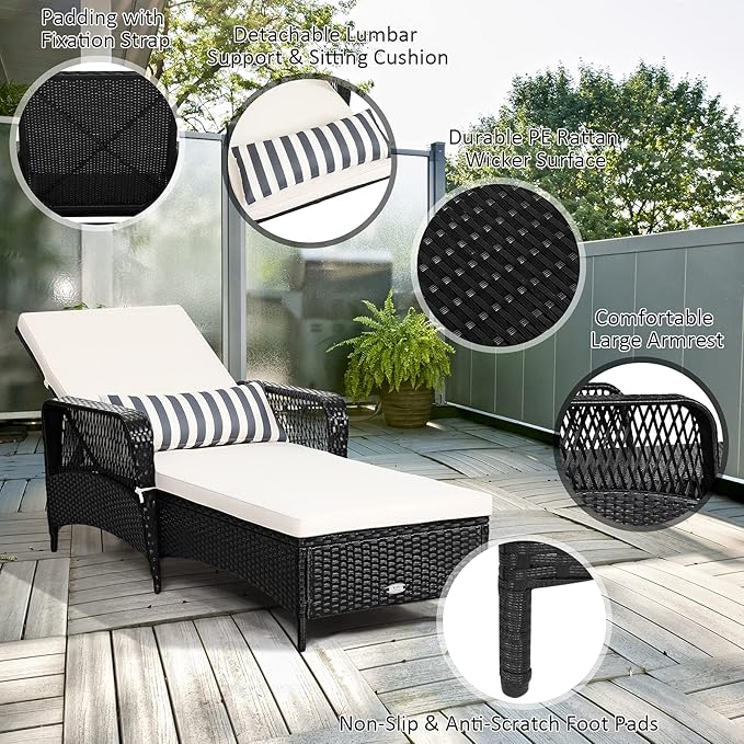 COSTWAY PE Rattan Chaise Lounge Chair, 6 Gear Adjustable Recliner with Armrest & Pillow, Wicker Outdoor Furniture for Deck, Patio (2, Black)