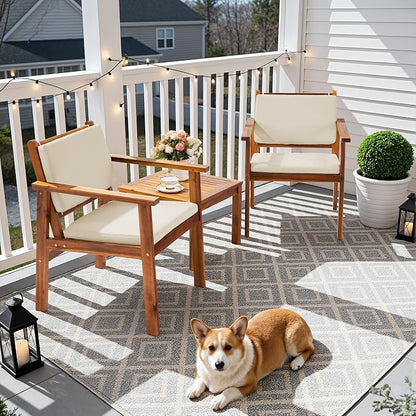Flamaker Patio Chairs 3 Piece Acacia Wood Patio Furniture with Coffee Table & Cushions Outdoor Conversation Set Balcony Chairs for Porch, Deck, Backyard