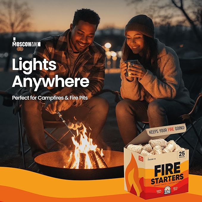 Moscow-Mix Fire Starter - Natural Fire Starters for Fireplace, Campfires, BBQ, Wood Stove, Smokers, Fire Pits - 25 pcs Weather Resistant Charcoal Starter for Grill - Food Grade Wax with 10 Min Burn