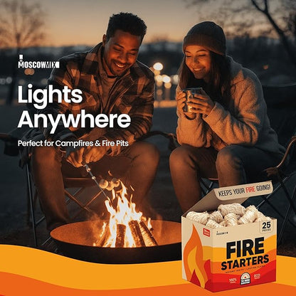 Moscow-Mix Fire Starter - Natural Fire Starters for Fireplace, Campfires, BBQ, Wood Stove, Smokers, Fire Pits - 25 pcs Weather Resistant Charcoal Starter for Grill - Food Grade Wax with 10 Min Burn