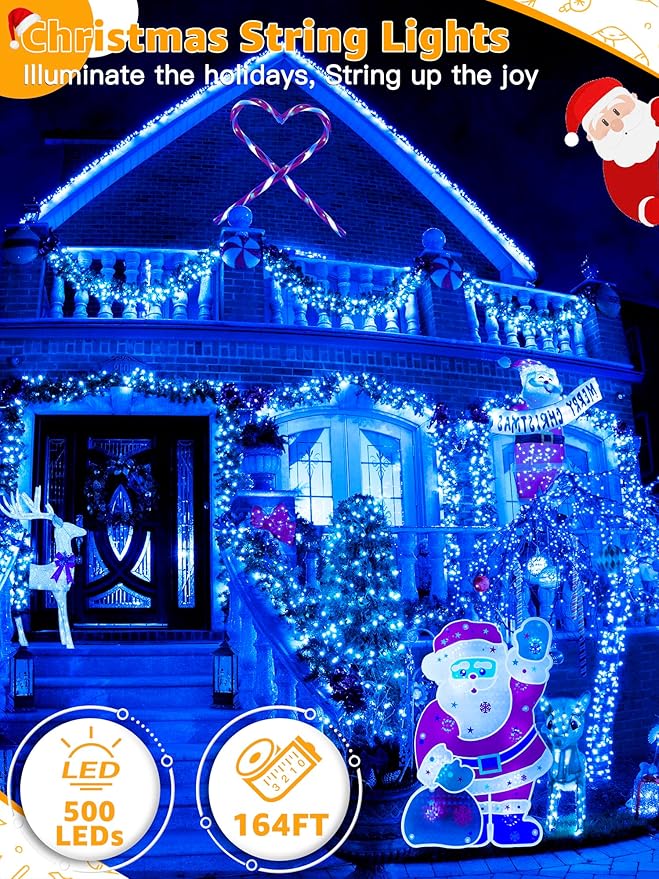 BrightChristmas 500 LED 164 FT Christmas Lights, Waterproof Outdoor String Lights with Remote and Timer, Christmas Tree Lights with 8 Modes Dimmable, Fairy Lights for Holiday Decor (Blue)