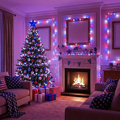 Red White and Blue String Lights, 66FT 200 LED 4th of July Lights Outdoor with 8 Modes, Waterproof Independence Decorations Lights for Indoor Memorial Day House Party Holiday