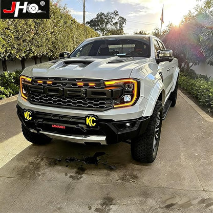 JHO Front Grille LED Lights (Amber, 4-Pack) with Clear Brackets & Wiring Harness, Compatible with Ford Ranger Raptor T9 2023-2026