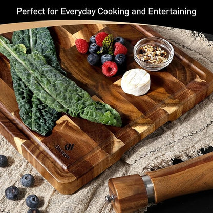 End Grain Cutting Board for Kitchen with Non-slip Feet, Acacia Wood Heavy Duty Checkered Cutting Board Handcrafted Luxury Chopping Board for Cooking and Serving Wooden Butcher Block Non Toxic