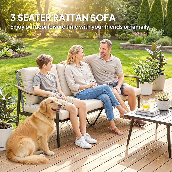 Outsunny Outdoor Patio Couch, 3 Seater Outdoor Sofa with Wood-Effect Armrests and Wicker Backrest, Outdoor Patio Furniture Couch with Cushions, Steel Frame for Porch, Garden, Backyard, Khaki
