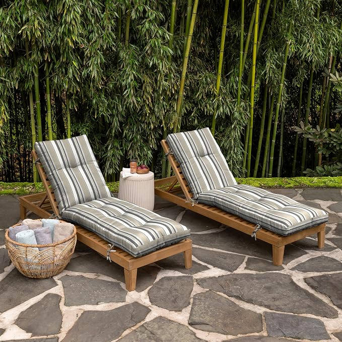 Arden Outdoor Tufted Chaise Cushion, earthFIBER, 22x76, Taupe Grey Stripe | Plush Comfort, Modern Tuft, Lounge Cushion, Rain-Proof, Fade Resistant, Cushion for Chaise Lounger, Mold and Mildew Resistant