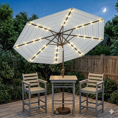 10FT Solar Lighted Patio Umbrella, Outdoor Table Market Umbrellas with Push Button Tilt and Crank, 32 LED Lights, 8 Sturdy Ribs, UV-Resistant for Deck, Garden, Pool
