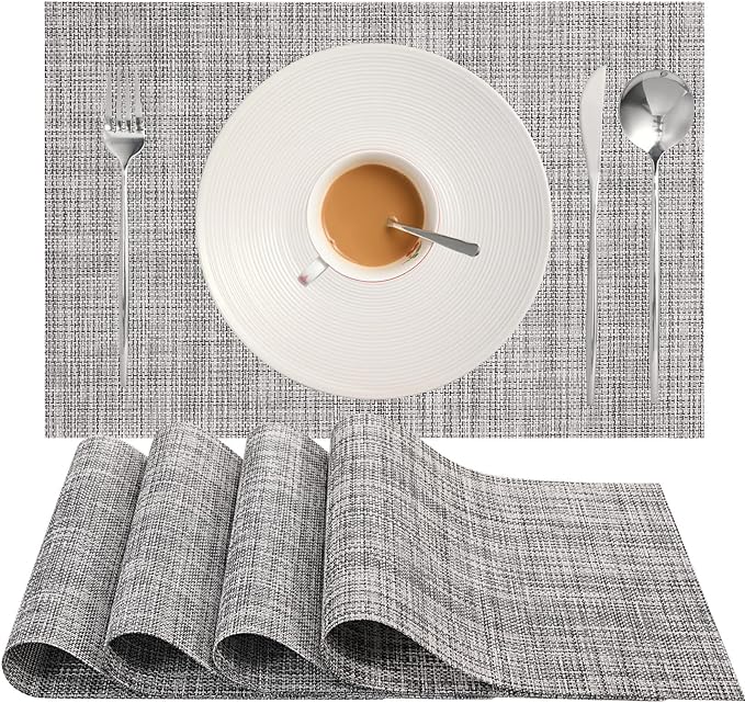 Zupro Placemats Set of 4 Washable Heat-Resistant Non Slip Braided Table Mats Woven PVC Vinyl Kitchen Dining Patio Table Place Mats for Dinner Parties BBQs Indoor and Ourdoor Use.18"x12"(Gray)