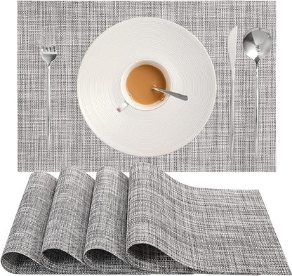 Zupro Placemats Set of 4 Washable Heat-Resistant Non Slip Braided Table Mats Woven PVC Vinyl Kitchen Dining Patio Table Place Mats for Dinner Parties BBQs Indoor and Ourdoor Use.18"x12"(Gray)