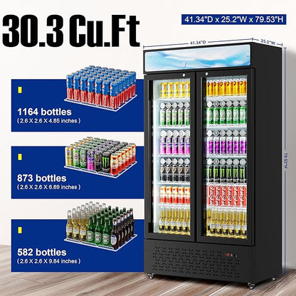Beverage Cooler Commercial Refrigerator 30.3 Cu.Ft. Glass Door Display Refrigerator with LED Light, 10 Shelves, Display Commercial Beverage Refrigeratorfor Restaurant Cafe Bar Store (30.3 Cu.Ft.)