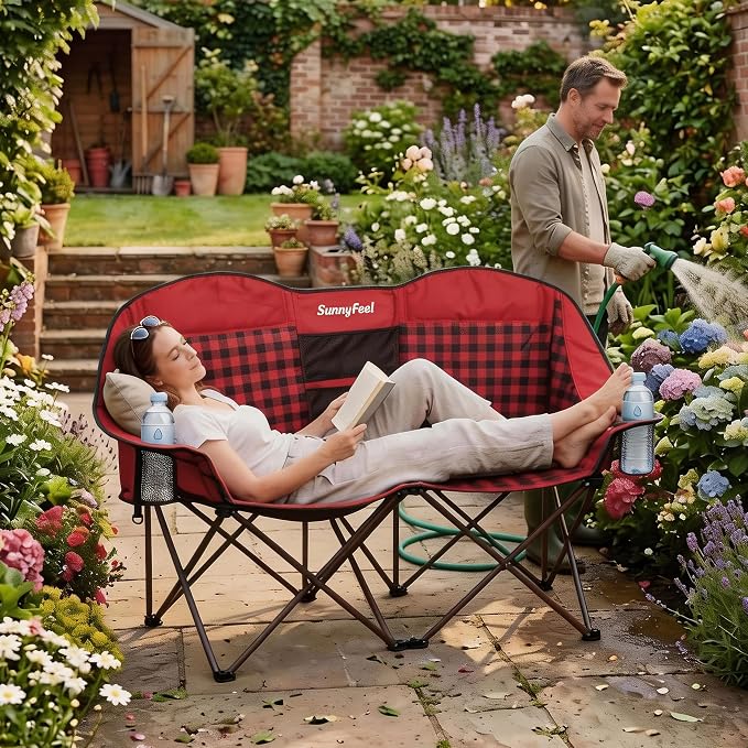 SUNNYFEEL Double Camping Chair Oversized Loveseat for Adults | 600LBS Heavy Duty Padded Camping Couch with Cup Holder, Storage Pockets & Carry Bag for Patio RV/ Lawn/ Backyard
