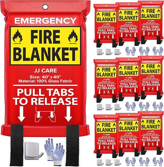 JJ CARE Fire Blanket – 10 Packs with Hooks and Gloves – 40” x 40” Fire Blankets Emergency for Home and Kitchen, High Heat Resistant and Flame Protection for Kitchen, Car, Office, Camping & Home Safety