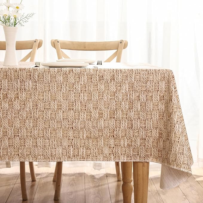 Walrus Heavy Duty Vinyl Tablecloth with Flannel Backing Waterproof Oil-Proof Plastic Table Cloth Stain-Resistant Wipeable Rectangle or Square Table Cover for Indoor and Outdoor (Weave, 52X70 Inch)