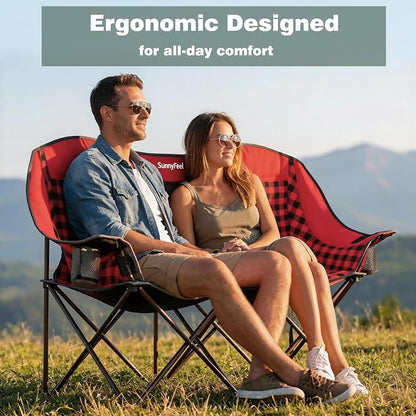 SUNNYFEEL Double Camping Chair Oversized Loveseat for Adults | 600LBS Heavy Duty Padded Camping Couch with Cup Holder, Storage Pockets & Carry Bag for Patio RV/ Lawn/ Backyard