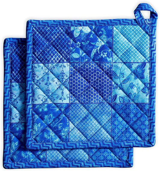Maison d' Hermine Pot Holders 100% Cotton Heat Resistant Potholders 8" x 8" Hot Pads with Loop BBQ Cooking Baking Hotel Farmhouse Kitchen Handling Hot Pans Spring Summer (Pack of 2, Indigo Love)