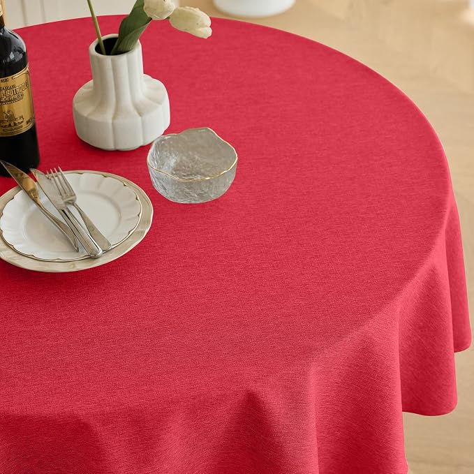 Decorelia Waterproof Round Tablecloth, Decorative Rustic Wipeable Tablecloths Wrinkle Free Table Cloth Cover for Holiday,Wedding,Dining& Kitchen Table (70 Inch,Round (4-6 Seats),Red)