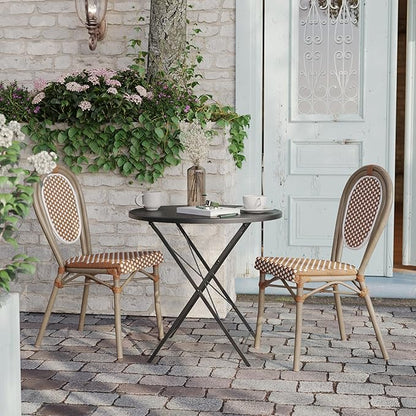 Flash Furniture Lourdes Indoor/Outdoor Commercial Thonet French Bistro Stack Chair - NAT/White PE Rattan Back and Seat - Light Natural Bamboo Print Metal Frame - 2 PK