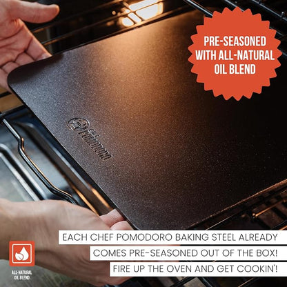 Chef Pomodoro Pizza Steel for Oven, 13x13 In, 1/4 Thick Baking Steel | Pre-seasoned Steel Baking Stone for Pizza, Bread & Pastries; Durable, Grill-safe, Easy-clean With Finger Hole Handle