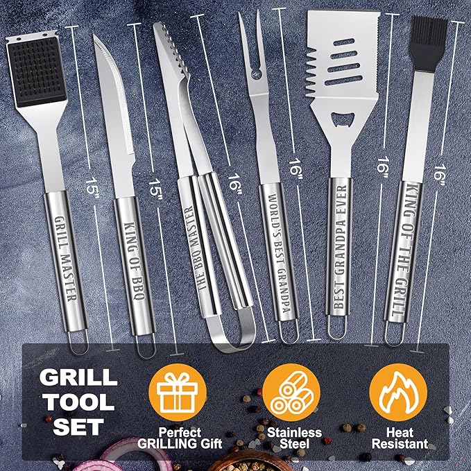 Grandpa Gifts from Grandkids, Fathers Day Grandpa Grilling Accessories Gift, Heavy Duty Stainless Steel BBQ Grill Tools for Outdoor Grill with Aluminum Case, Grill Utensils Set on Birthday(Bag)
