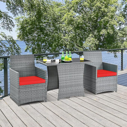 RELAX4LIFE 3-Piece Outdoor Furniture Set - All-Weather Wicker Rattan Patio Dining Set w/Tempered Glass Coffee Table & Cushions, Modern Bistro Conversation Set for Yard Balcony (Red)
