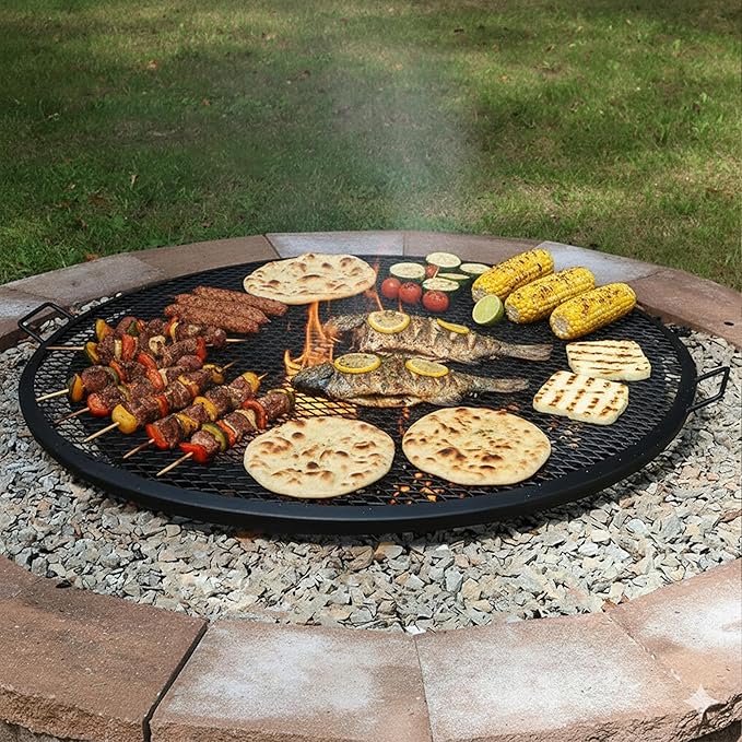 Sunnydaze X-Marks Outdoor Fire Pit Grill Grate for Cooking - Round Fire Pit Grate - Steel Campfire BBQ Grill with Handles - 24-Inch