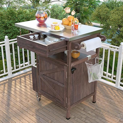 Outdoor Grill Cart with Stainless Steel Top, Solid Wood Outdoor Storage Cabinet with Drop Leaf, One Drawer, Towel Rack, Rolling Kitchen Cart with Lockable Wheels for Lawn Garden (Brown@072)