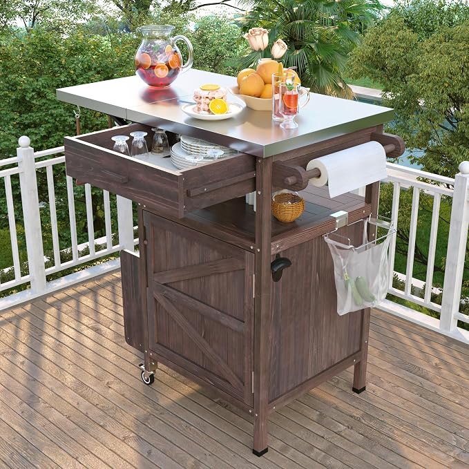YOPTO 40.5" Outdoor Grill Cart,100% Fir Wood,Stainless Steel Top,Drop Leaf,Lockable Wheels,Towel Rack,Drawer,Rolling Kitchen Cart for Lawn & Garden,Brown