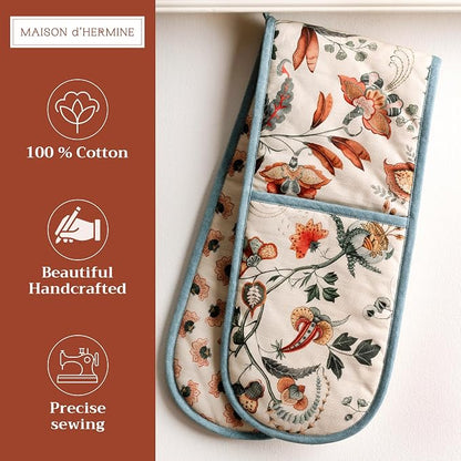 Maison d' Hermine Double Oven Mitts 100% Cotton Double Oven Glove (7"x35") | Heat Resistant BBQ Cooking Gloves with Loop Baking Kitchen Home Hotel Farmhouse Thanksgiving Christmas - Dalida